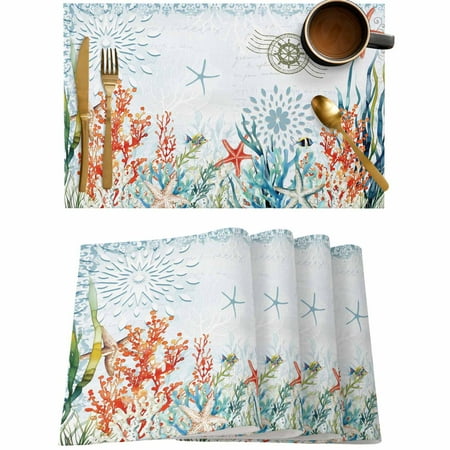 

Summer Ocean Coral Starfish Placemats Set of 4 Wipeable Washable Table Mats for Dining Tables Blue Sea Nautical Theme Place Mats for Kitchen Event Party Tabletop Decor