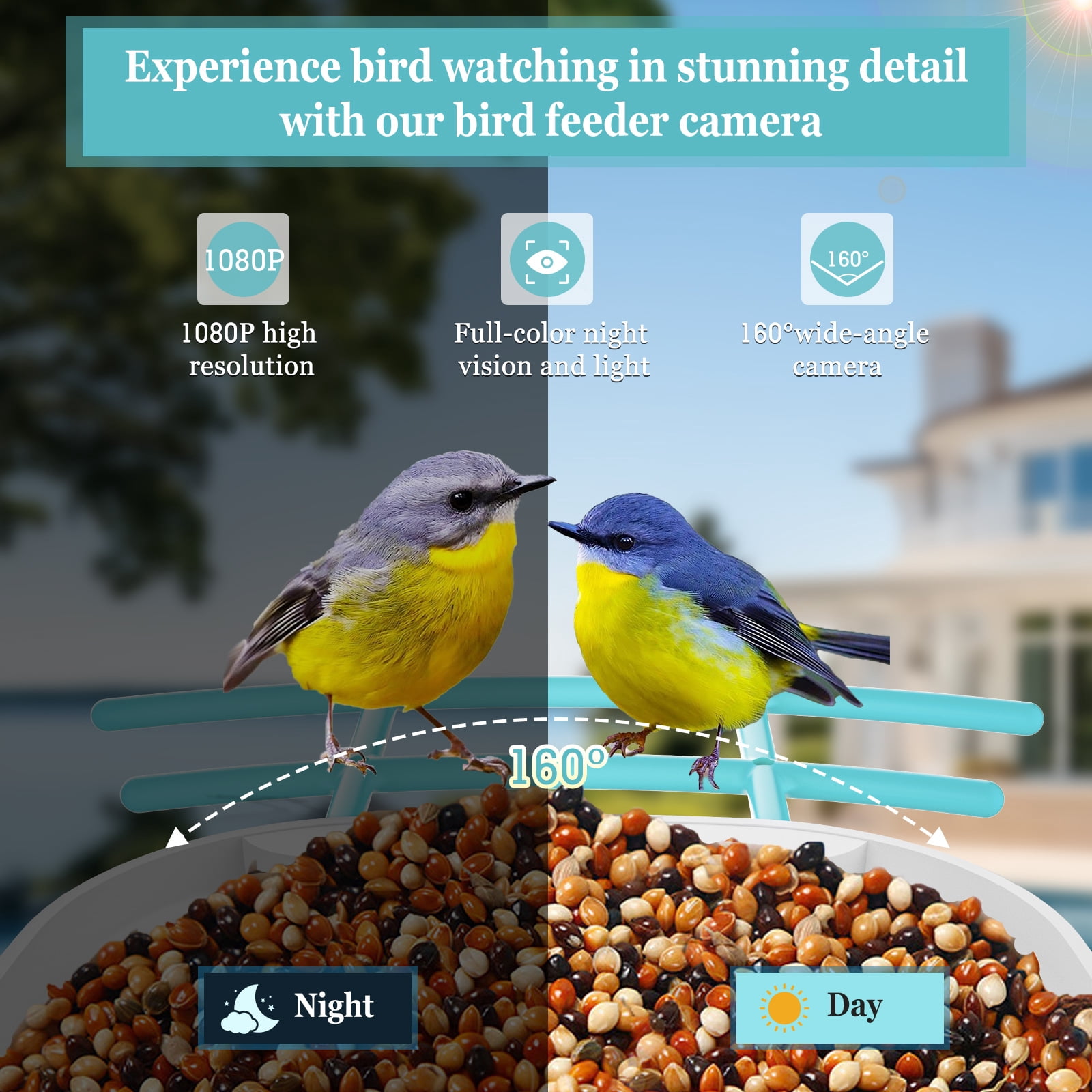 Gasky Smart Bird Feeder with Camera,AI Identify and Motion Detection, Wireless Outdoor Ideal for Family and Bird Lovers,Blue