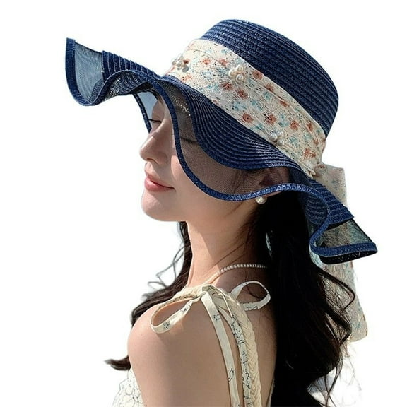 Ladies Summer Floral Sun Hat Wide Brim Straw Hat with Bow Ribbon for Beach Travel Outdoor Elegant Mesh Design