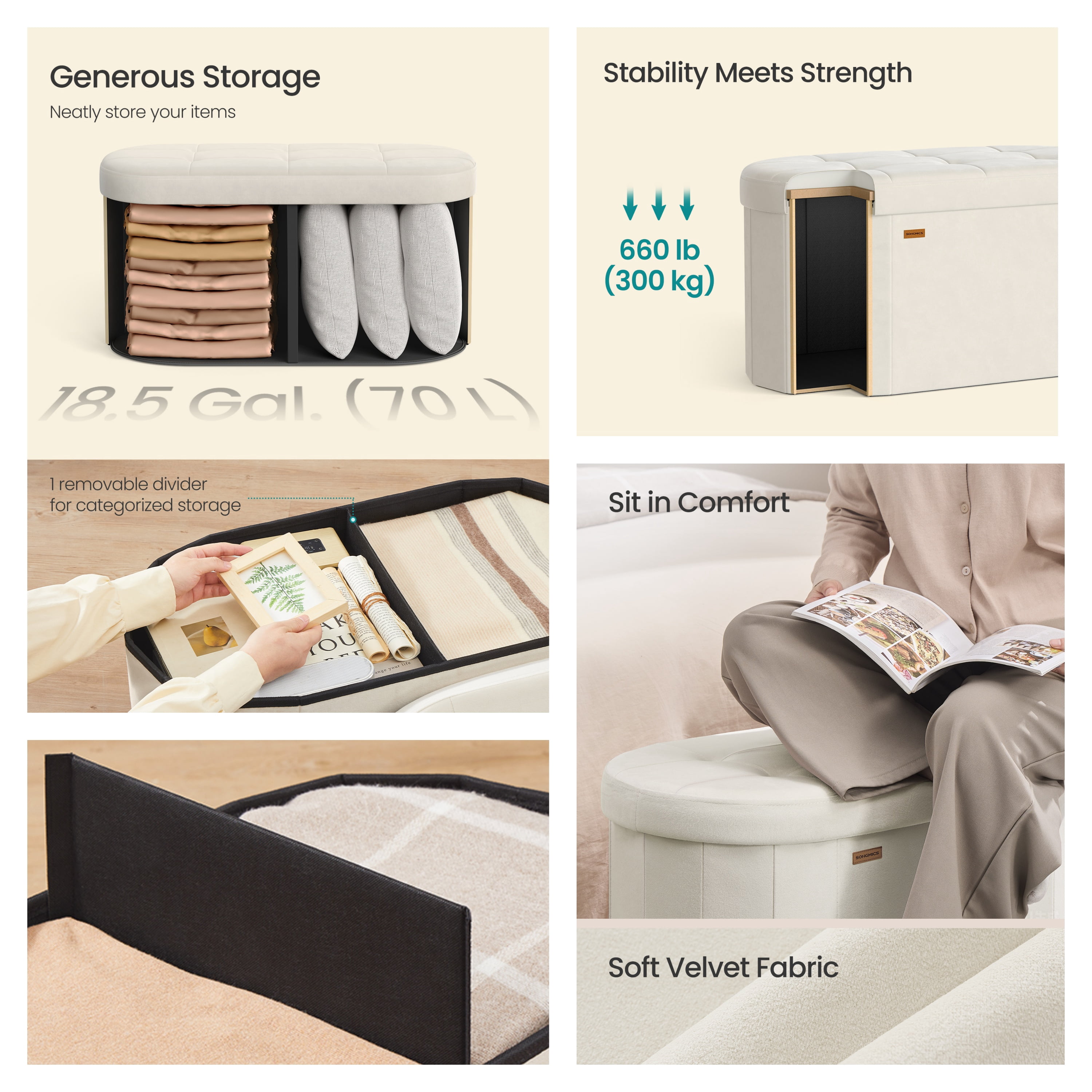 LEDREM 30" Foldable Storage Ottoman Bench, Velvet Fabric Ottoman with 2 Internal Dividers, Footrest for Bedroom Living Room, Cream White