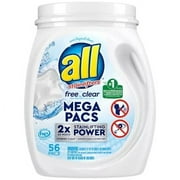 all Mega Pacs Laundry Detergent Pacs, Free Clear for Sensitive Skin, Unscented and Dye Free, 56 Count