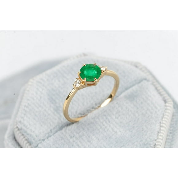 Beautiful Emerald Ring Natural Emerald Engagement Ring Three Stone Ring 14k Yellow Gold Plated Handmade Jewelry Dainty Promise Ring May Birthstone