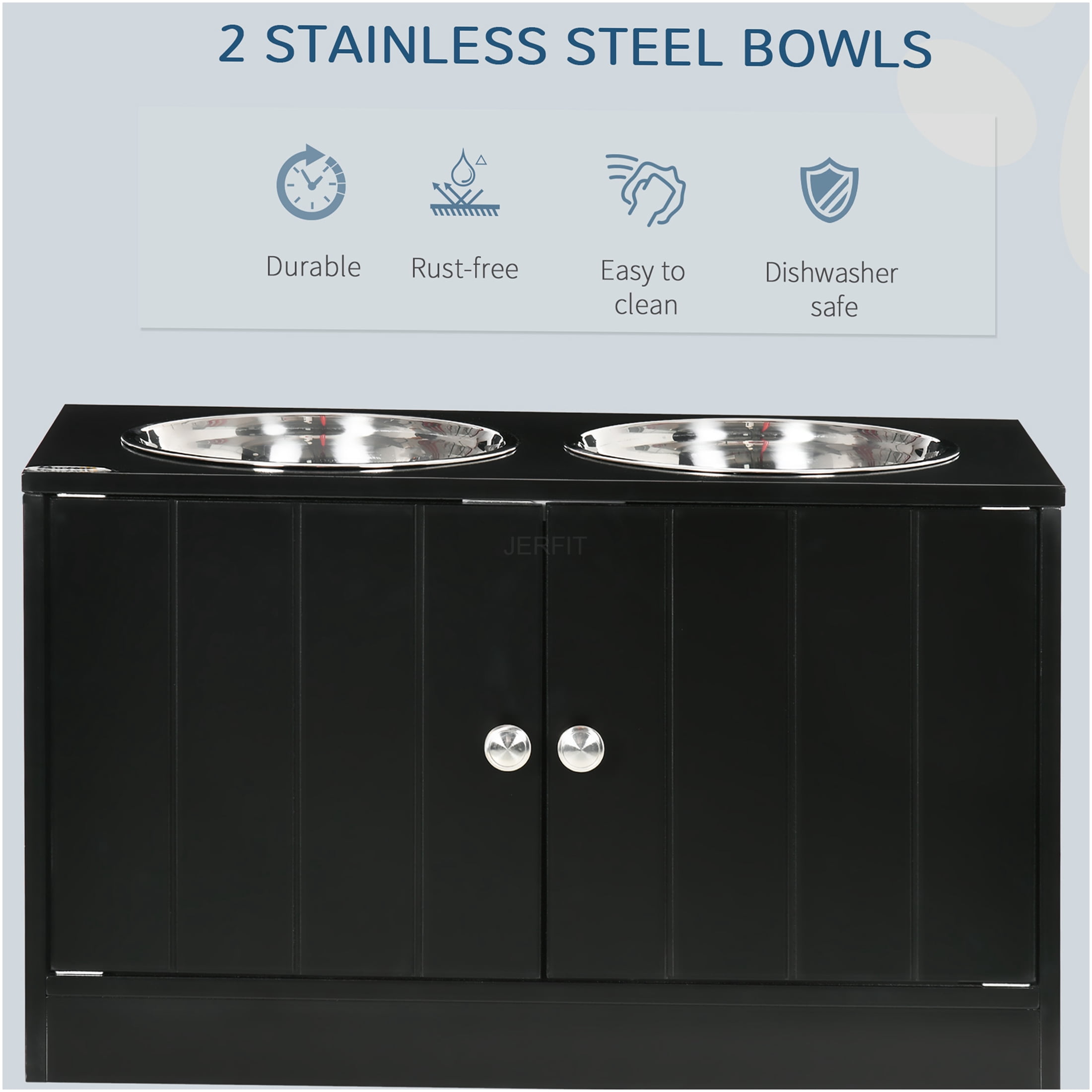 JERFIT Elevated Dog Feeder with Storage Cabinet, Magnetic Lock Pet Food Station Organizer, Large Stainless Steel Bowls, Black MDF Dog Dining Table