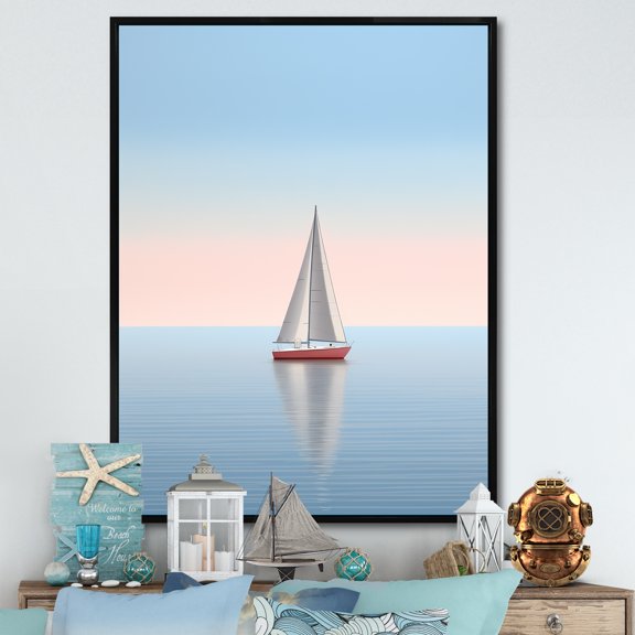 Designart "Calm Shore Pink And Blue Sailboat Picture I" Coastal Floater Framed Wall Art Living Room