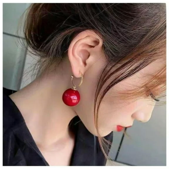 EOEMY Ball Drop Earrings Women Elegant Large Round Hoop Bead Pendant Dangle-Red