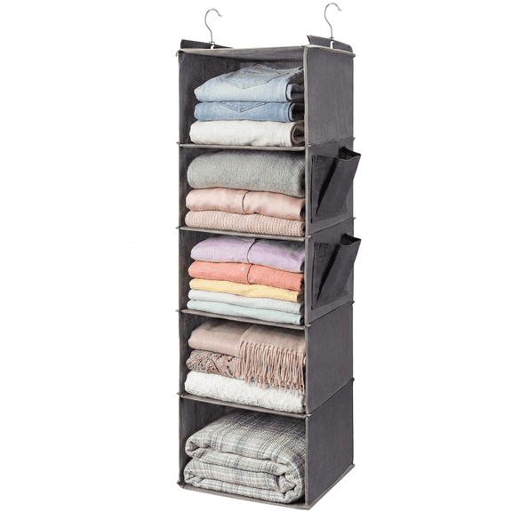 5-Tier Hanging Closet Organizer with 2 Side Pockets, Foldable Heavy Duty Storage for Clothes Shoes, Space Saving Grey