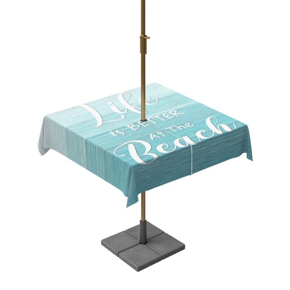 Square Outdoor Tablecloth with Umbrella Hole Teal Blue Summer Beach Outside Table Cloth Waterproof Patio Table Cover Coastal Vacation Blue Wooden Zipper Tablecloths for Picnic Camping 60x60 Inch
