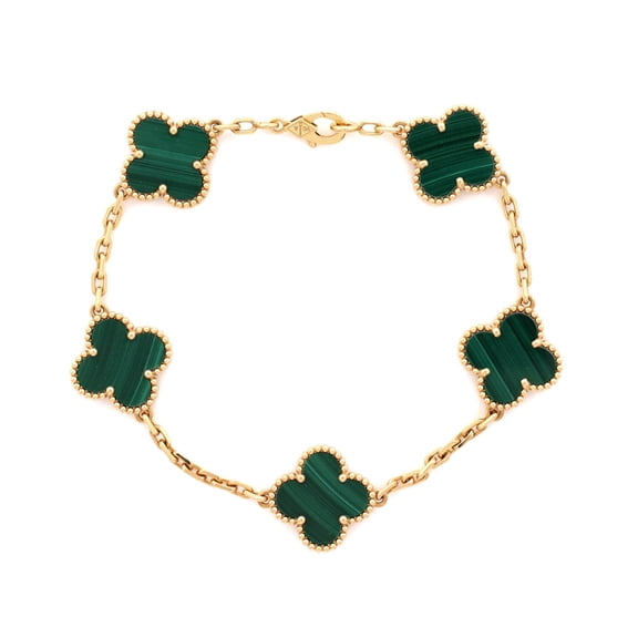 Pre-Owned Vintage Alhambra 5 Motifs Bracelet 18K Yellow Gold and Malachite By Rebag