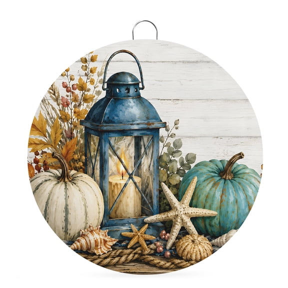 Welcome Sign Front Door Decorations, Coastal Pumpkins Round Wall Art Outdoor Metal Wreaths, Fall Vintage Nautical Starfish Wood Grain Seasonal Hanging Sign for Home Porch Decor Warming Gift 8 In