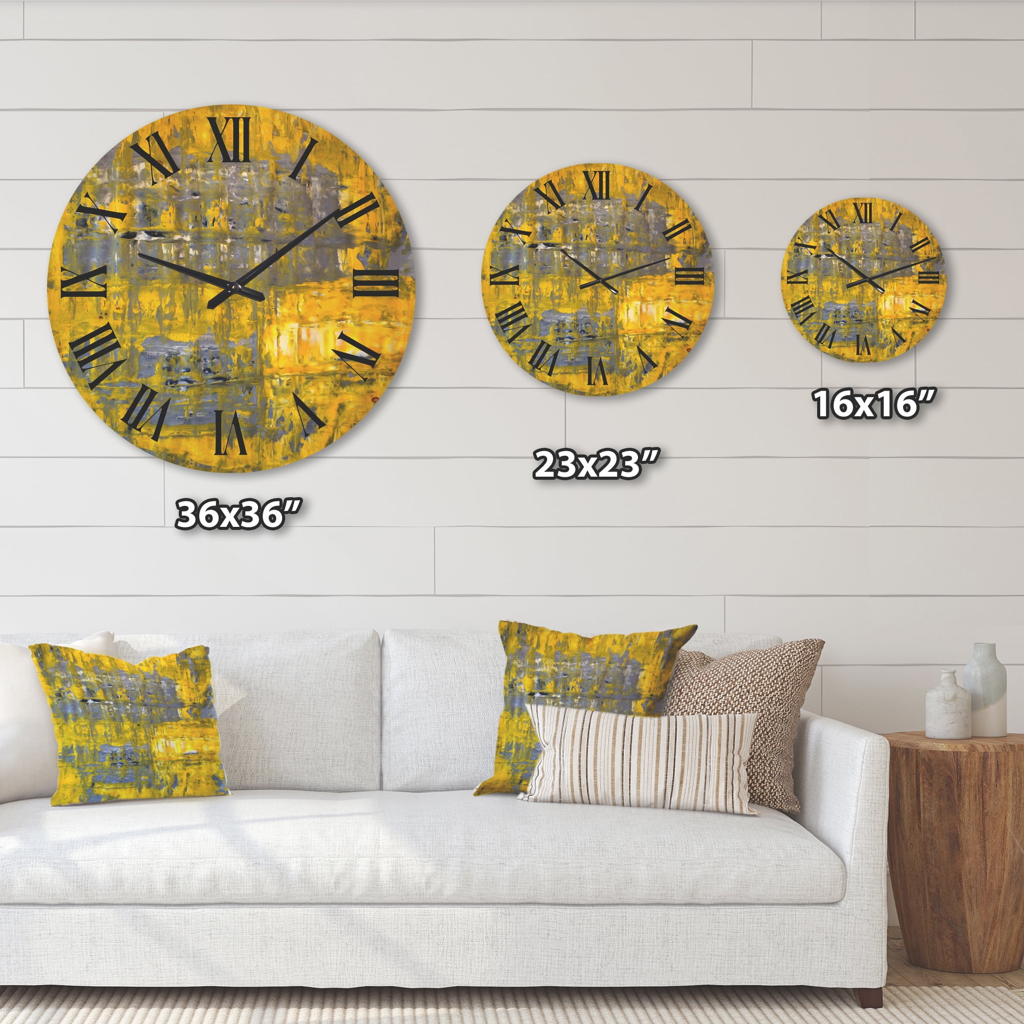 Designart 'Grey Meets Yellow Abstract Art I' Modern Wood Wall Clock