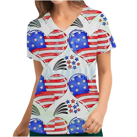 

Women Clothes Clearance under $15 Womens V Neck American Flag Graphic Work Scrub Uniform Top T Shirt for Ladies Fall Summer with Pockets 9C 9C