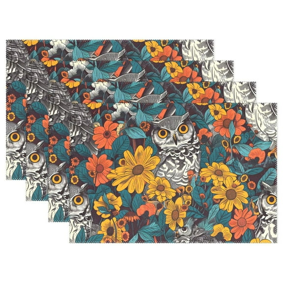 Ryvnso Placemats Set of 4 Owl in Sunflowers Dining Mats Heat-Resistant Non-Slip Washable Table Mat