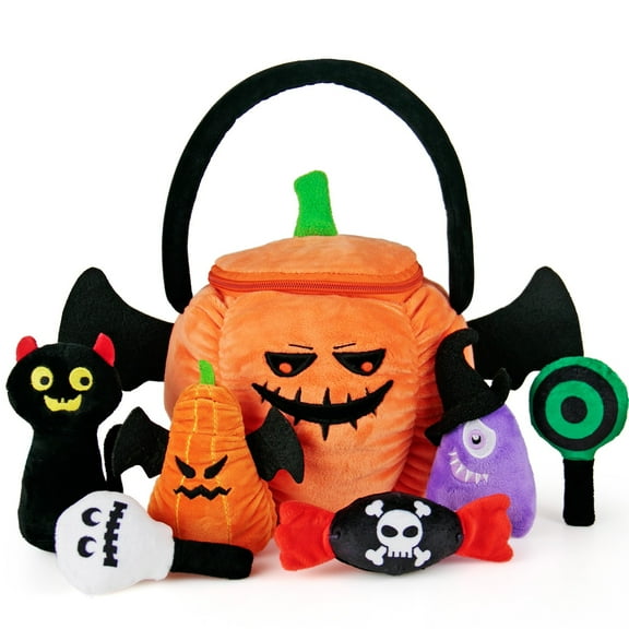 teytoy My First Halloween Pumpkin Toys Playset Crystal Velvet Halloween Pumpkin Plush Handbag 6pcs Stuffed Black Cat Magician Ghost Candy&Little Pumpkin Dolls for Baby Toddler Kids Boys Girls