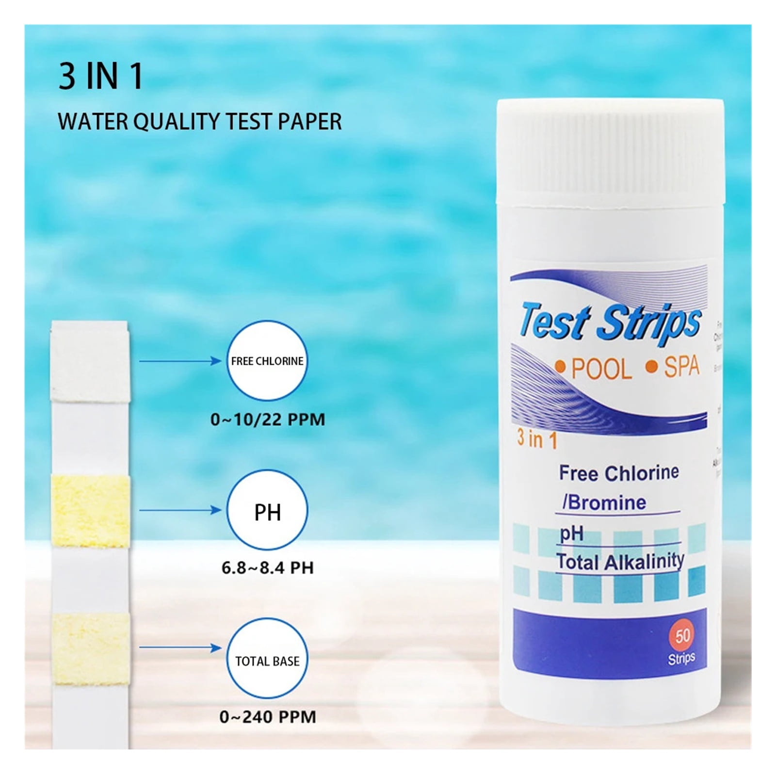 50pcs Chlorine/PH/Bromine Test Strips 3 In 1 Swimming Pool PH Test Paper Multipurpose Swimming Pool Water Tester Paper