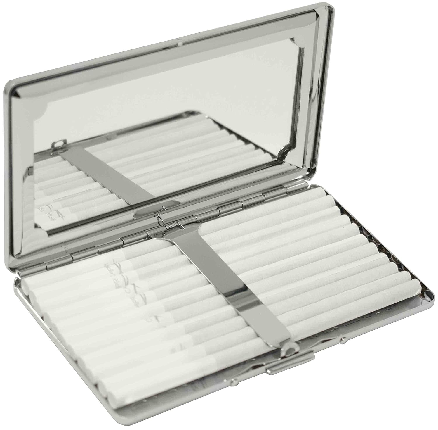 Set of 2 Metal-Plated 120s Compact Cigarette Case & Personal Mirror (Silver Victorian Print)