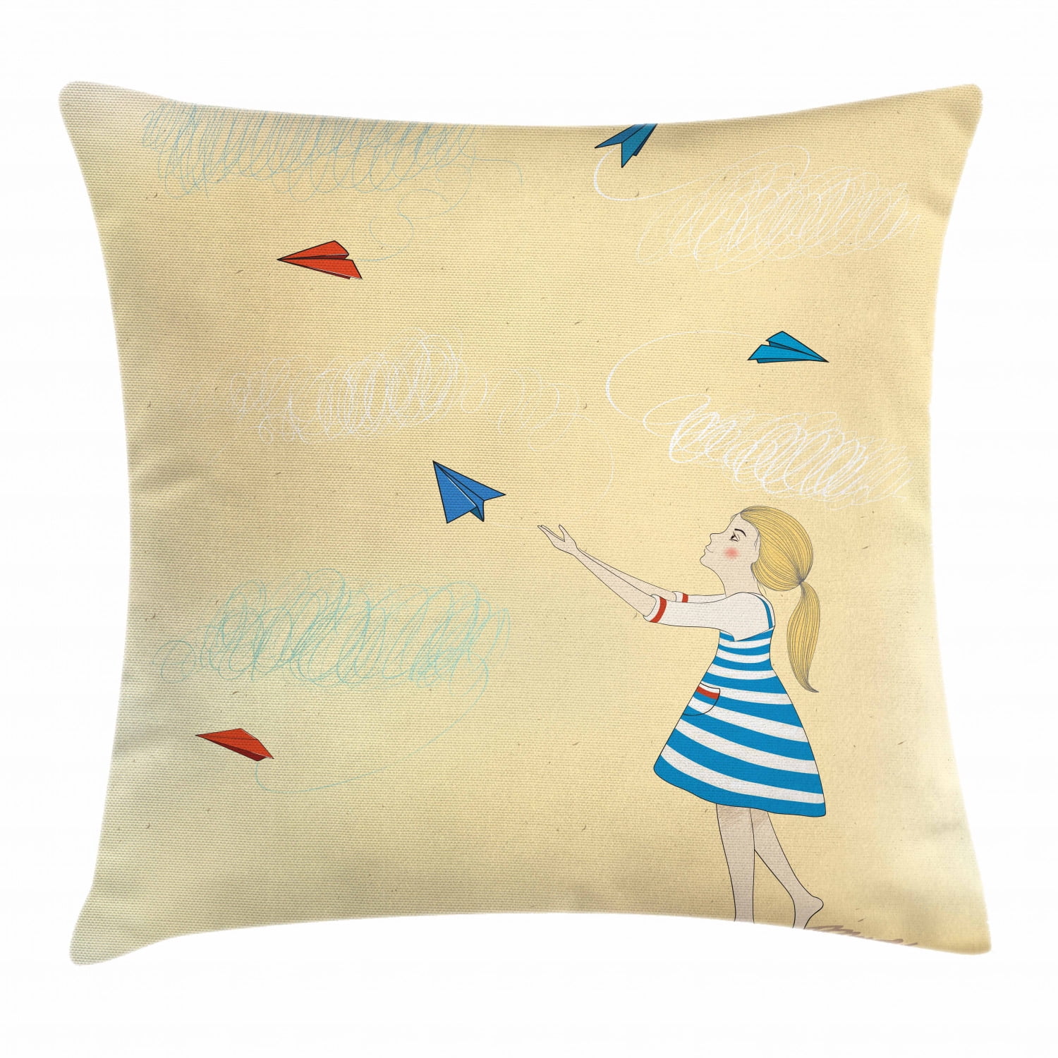 Nursery Airplane Throw Pillow Cushion Cover, Little Girl Launches Paper