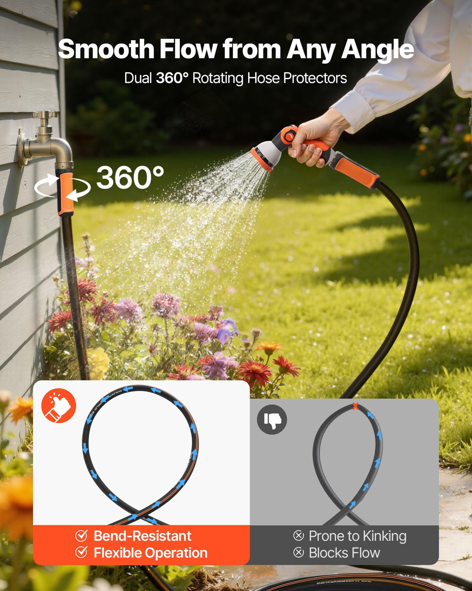 Garden Hose, 150 ft 5/8" Heavy Duty Rubber Water Hose with 10 Mode Nozzle, 150PSI Working & 600PSI Burst, Flexible & Non-kink Outdoor Waterhose with 3/4" Fitting, Lightweight Hoses for Gardening
