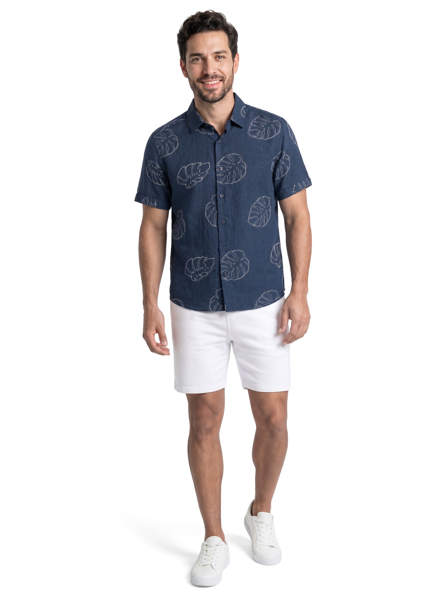 Cafe Luna Men’s and Big Men’s Embroidery-Look Allover Print Linen-Cotton Short Sleeve Button-Down Shirt, S-5XL