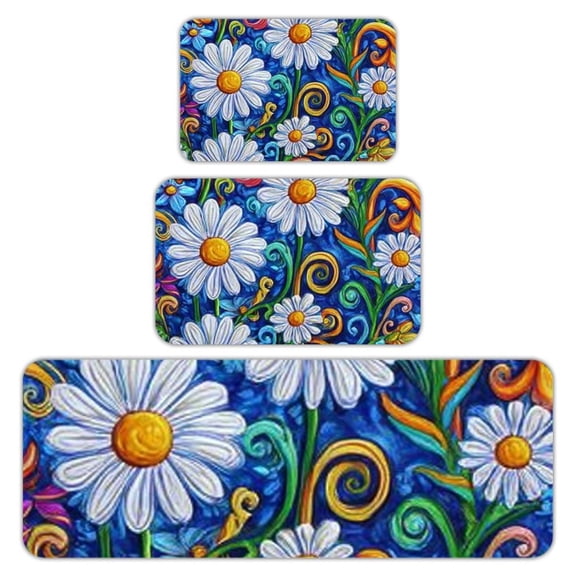RKSupls Kitchen Rug Set 3 Piece Anti-Slip Flannel Floor Mats, Daisy Flower Pattern Washable Absorbent Runner Mats for Kitchen Bathroom Home Decor