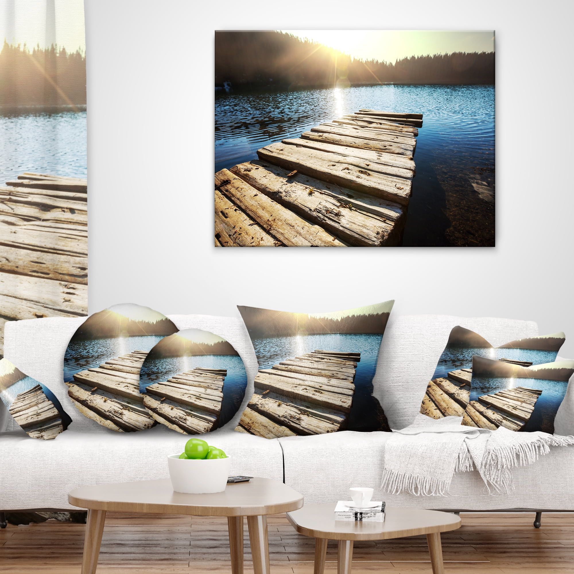 Designart Large Wooden Pier into the Lake - Seashore Throw Pillow - 16x16