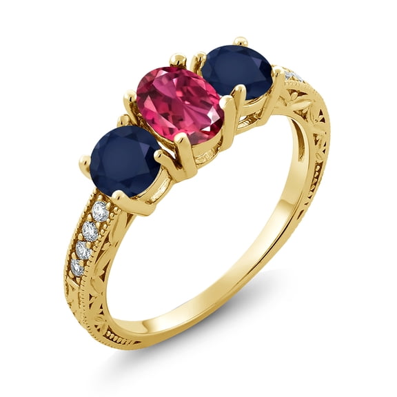 Gem Stone King 2.17 Ct Oval Pink Tourmaline Blue Sapphire 18K Yellow Gold Plated Silver Moissanite Ring (Size 8)