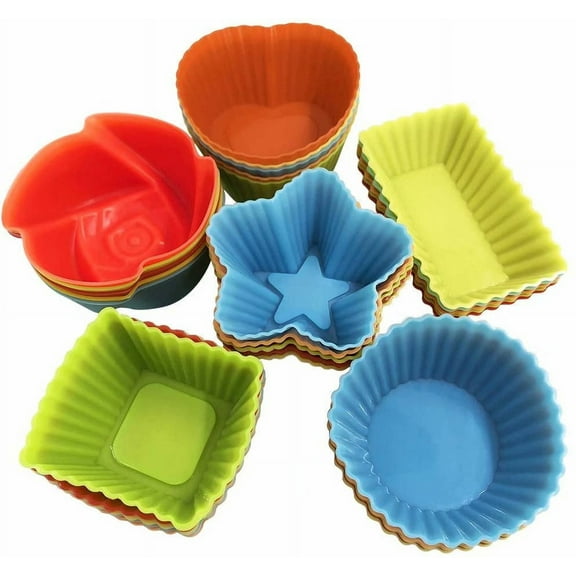 Artrylin 24 Pack 2 Inch Mini Silicone Cupcake Liners Reusable Baking Cups Nonstick Pastry Muffin Molds Multi-Color Random 4 Shapes (Round, Star, Heart, Flower,Square)