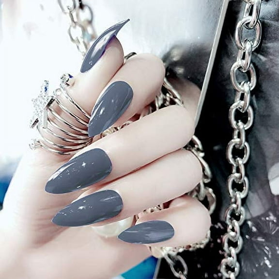 24Pcs Stiletto Press on Nails Glossy Dark Gray Fake Nails Medium Long Natural Full Cover Nails for Daily Use