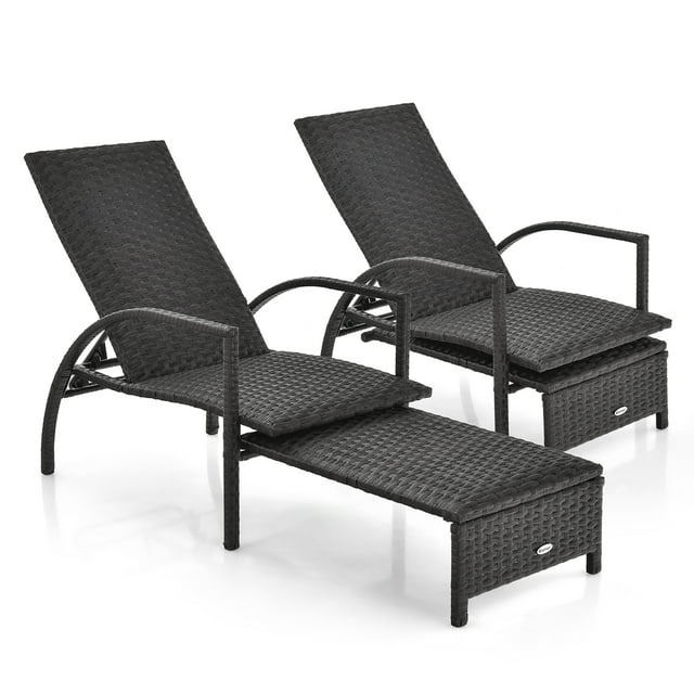 Costway 2 PCS Patio Wicker Elastic Sponge Lounge Chair Back Adjustable with Ottoman