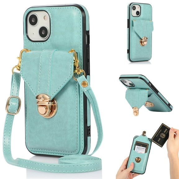 Allytech Crossbody Wallet Case for iPhone 13 Mini 5.4" 2021, PU Leather Handbag Purse Bracket Kickstand Card Pocket Adjustable Detachable Necklace Lanyard Buckle Protective Cover for Women Girls,Green