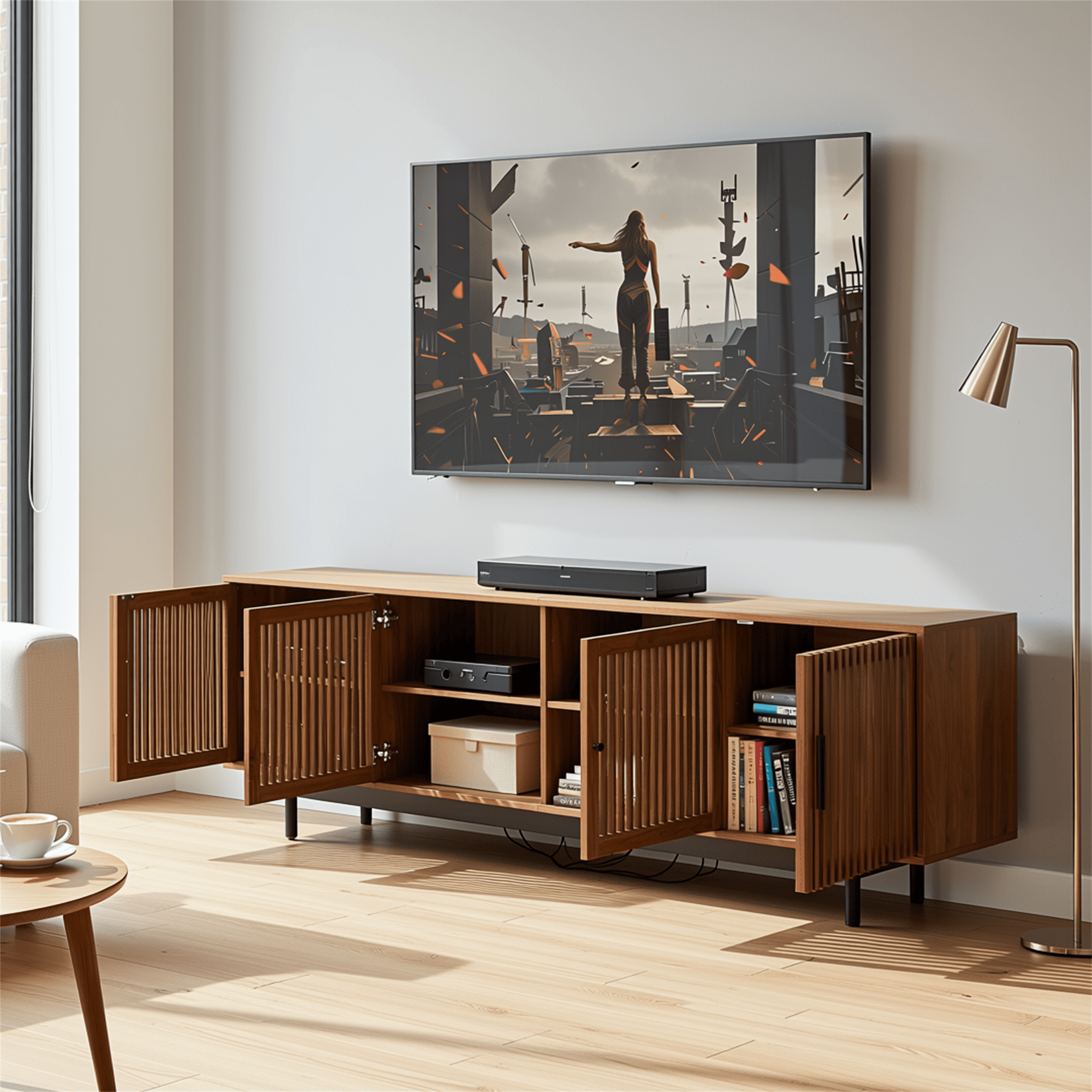 Homy Casa 78.7" Rustic Brown TV Stand for 80" TVs with 4 Slatted Cabinet Doors and Cable Management