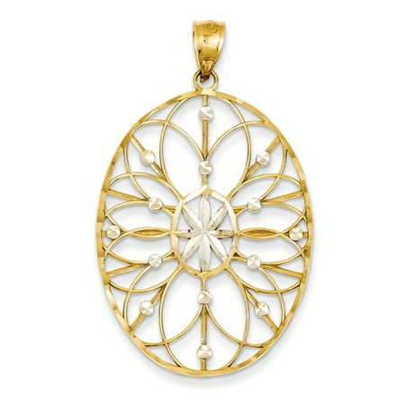 14K Yellow Gold and Rhodium Floral Medallion Filigree Pendant