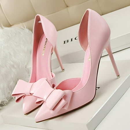 

Women‘s Bowknot Decor Stiletto Heels Fashion Point Toe Side Cutout Dress Pumps Stylish Slip On Heels