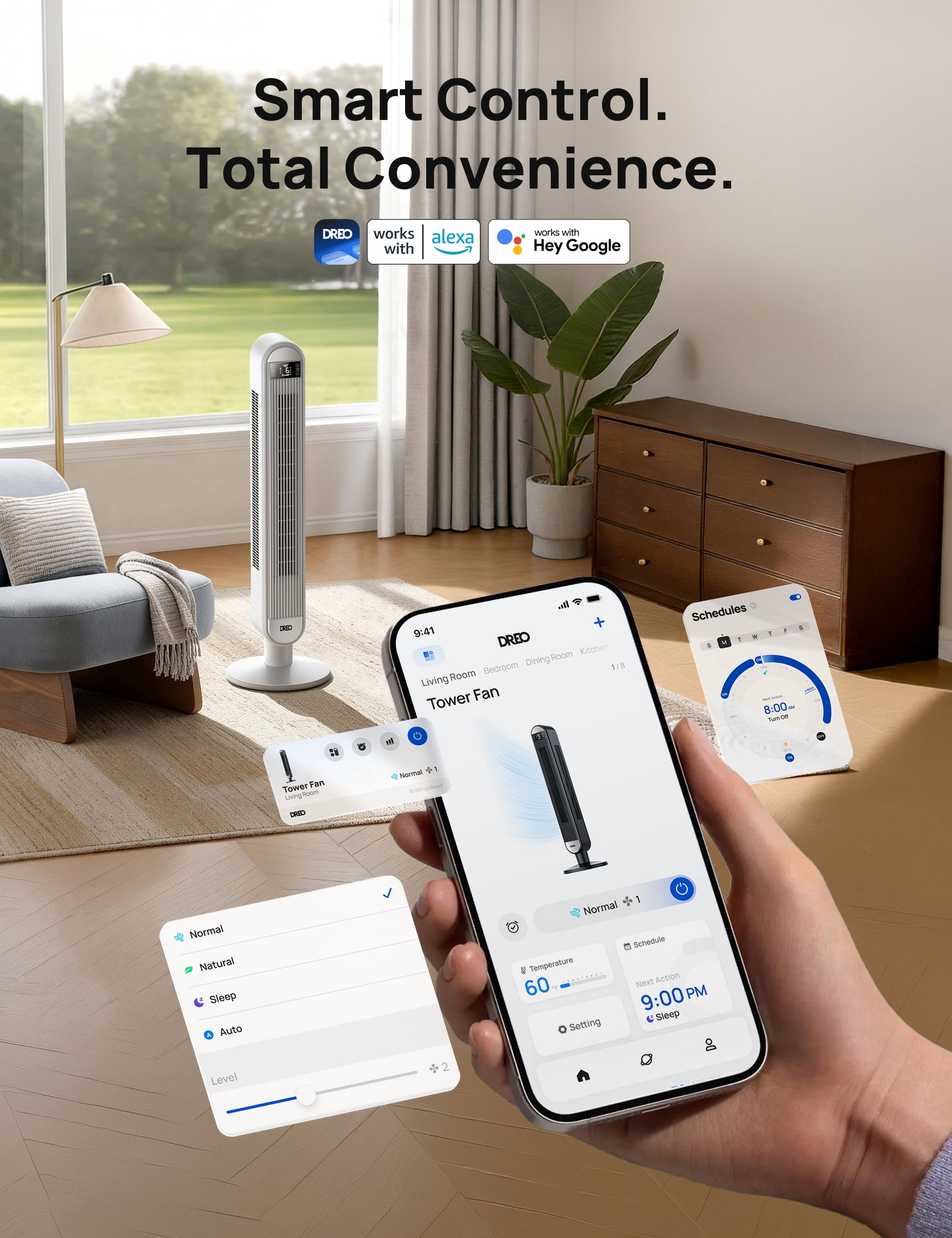 DREO 42" SmartTower Fan for Home, Standing Bladeless Fan with WiFi Voice Control, 90° Oscillating Fan with LED, 12H Timer, 6 Speeds 4 Modes, 25ft/s High Velocity, Ultra Quiet Bedroom Fan, white