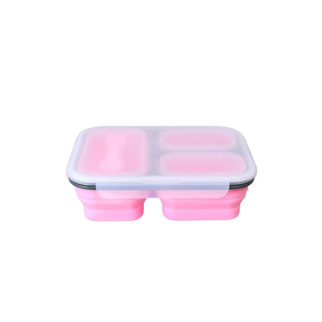 Bewildely Fiambrera de silicona con 3 compartimentos, plegable, para escuela, senderismo, comida de Picnic, frutas, sándwich, contenedor de desayuno, Mostrada Rosa Bewildely HA065336-07