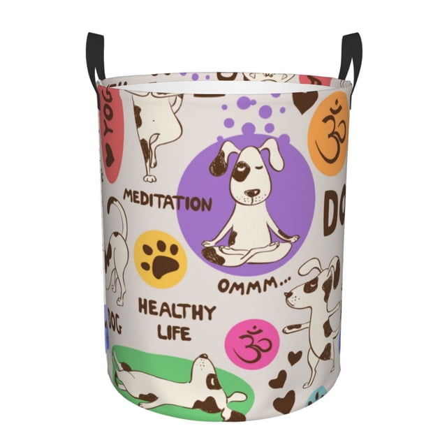 Balery Dog Doing Yoga Cesta de ropa redonda con asas, impermeable, independiente, para ropa, juguetes, dormitorio y familia-Small