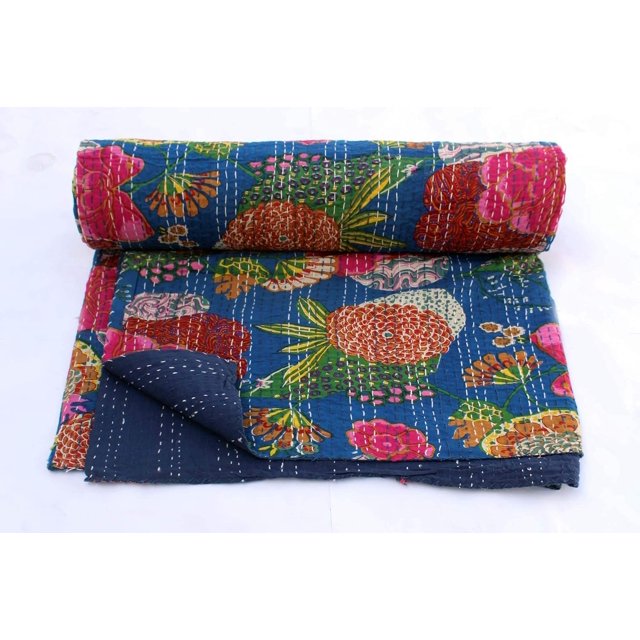 Indian Handmade Floral Print Kantha Quilt, Bedspread , Blanket Size ( King 108" x 108" )