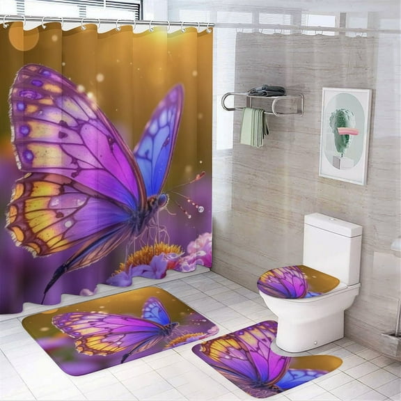 Purple Butterfly Floral Print Shower Curtain Set Modern Bathroom Decor Mats 4pcs Fabric Bathroom Curtain Slip Floor Rug Toilet Lid