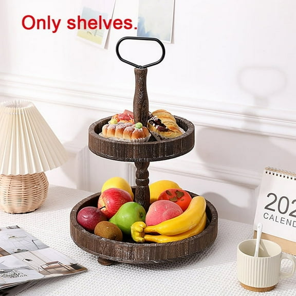 HOT Rustic Style Wooden Tiered Tray, Farmhouse Decorative Round Tray with Metal Handles,Washed White