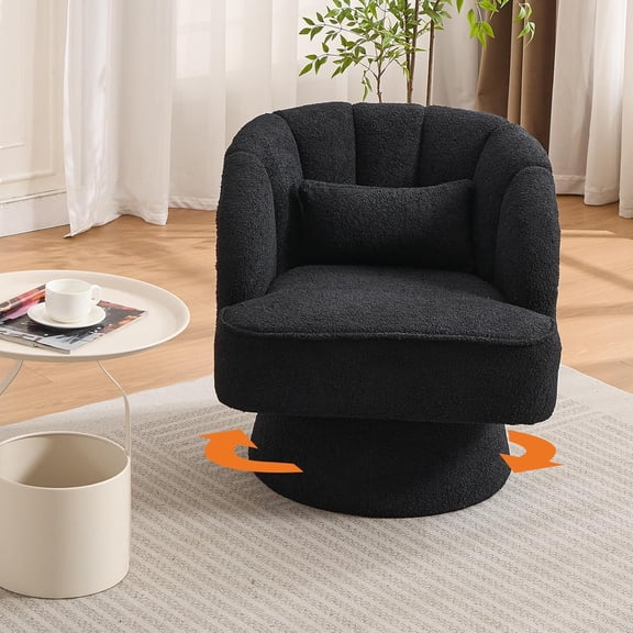 Modern Swivel Barrel Accent Chair, 360° Teddy Fabric Upholstered Armchair with Striped Backrest & Plush Padding, Comfy Round Lounge Chair for Living Room, Bedroom, Reading Nook, Black