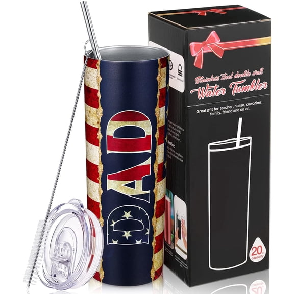 Father''s Day Gifts for Papa Dad, 4th of July Gift for Father Daddy New Dad from Daughter Son, American Flag Tumbler, 20 oz Stainless Steel Insulated Water Tumbler with Lid Straw Brush (Dad Style)