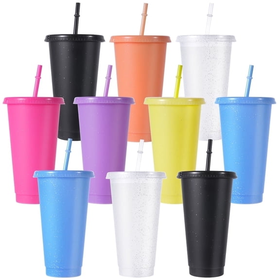 10-Pack Plastic Cups with Lids & Straws – Leak‑Proof, Reusable, Colorful Cold Drink Cups for Iced Coffee, Parties, Travel & Daily Use, BPA‑Free