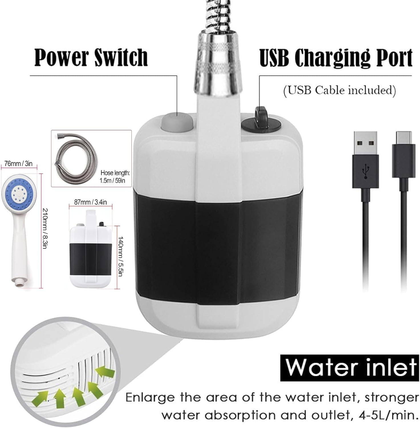 HQinX Portable Camping Shower Pump - Rechargeable Outdoor Shower Head Sprayer, 4800mAh Battery Pumps Water from Bucket. Perfect for Camping, Hiking, Travel, Car Washing & Pet Cleaning