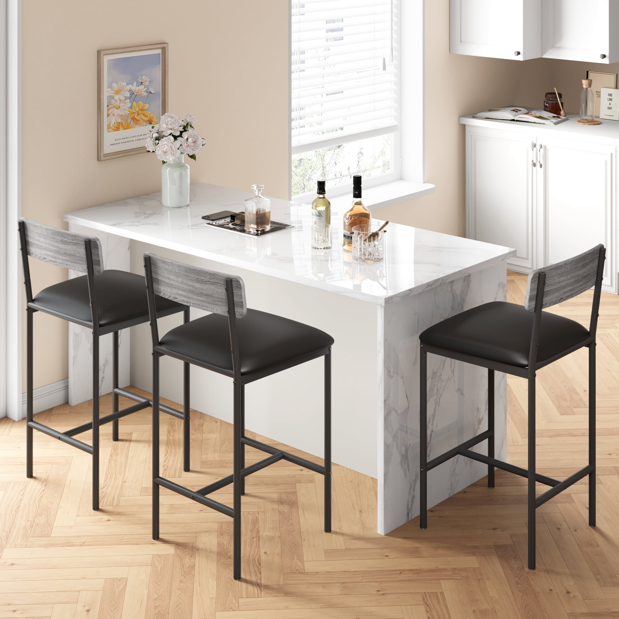 Bar Stools Set of 2, Upholstered Height Bar Stools with Backrest and Footrest, Kitchen Barstools for Island, Counter Bar, Easy Assembly, Grey