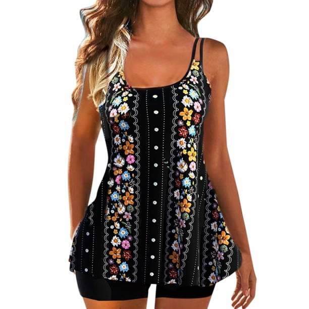 Gibobby Trajes de Baño para Mujer Bikini con falda de traje de baño con estampado de flores y cuello en U para mujer(Negro,M)