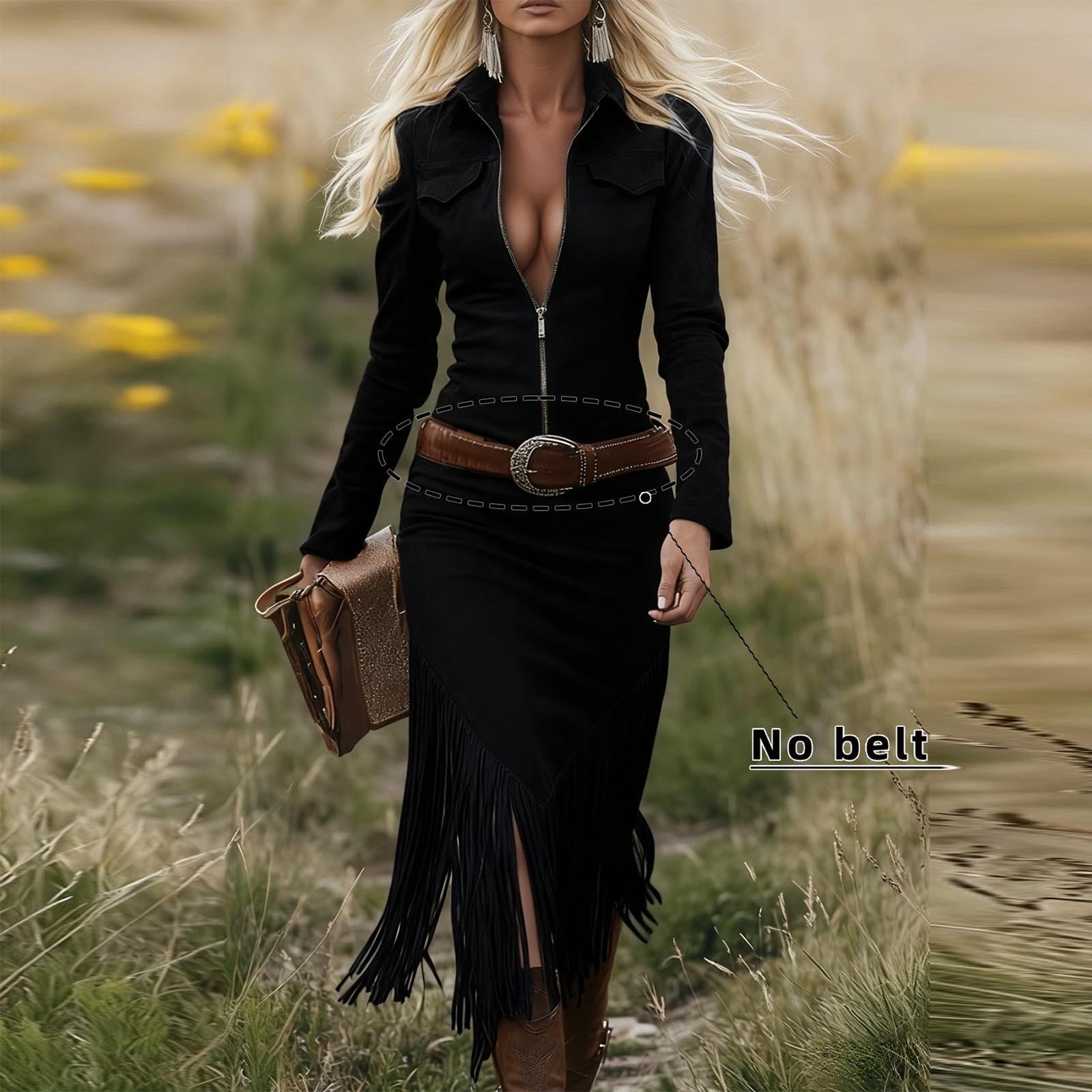 Hueook Black Western Dress Trendy Women's Solid Color Long Sleeved Lapel Turndown Collar Tassel Zipper Western Style Dress Casual Wear Dresses Black L