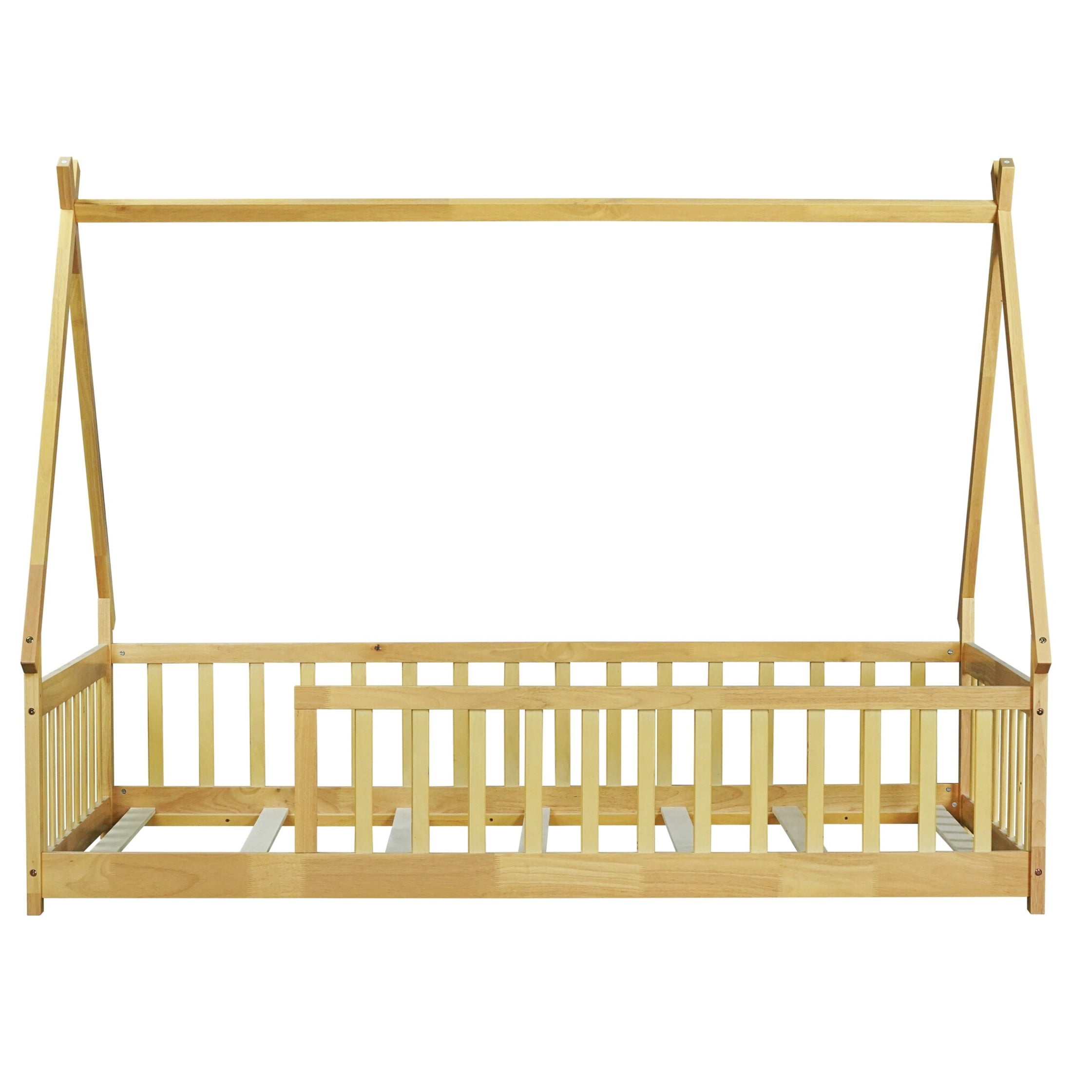Noble House Misty Twin Teepee Floor Bed with Safety Fence, Solid Rubber Wood Tent Bed, Kid's Room, Natural