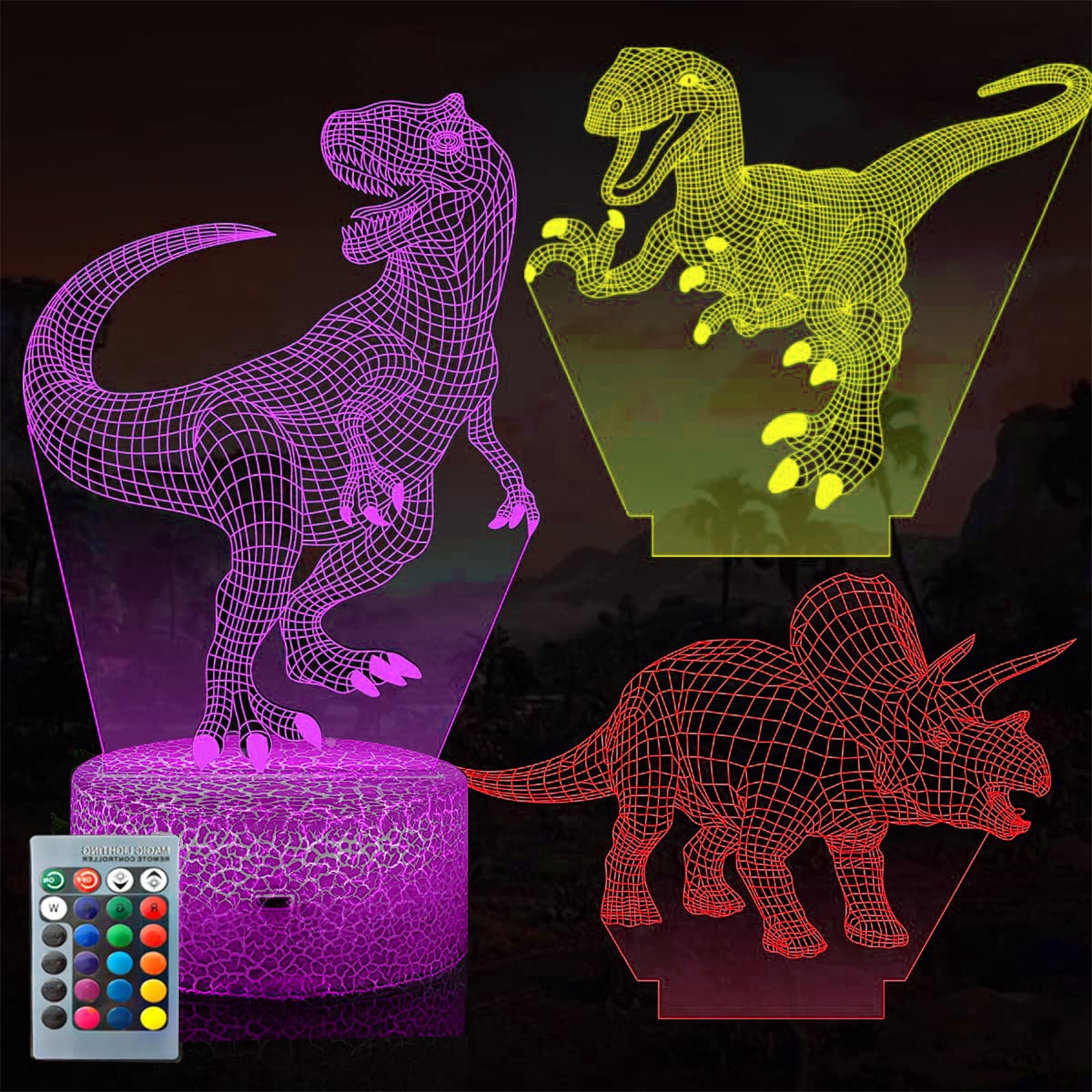 FULLOSUN Dinosaur Bedside Lamp 3D Hologram Illusion Night Light 4 Patterns 