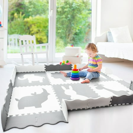 Cranium Giggle Gear - Wee Giggles Extra Large Baby Play Mat (5'x7'), Non-Toxic, Extra Thick Foam Tiles for Nursery or Play Room (Grey/White)