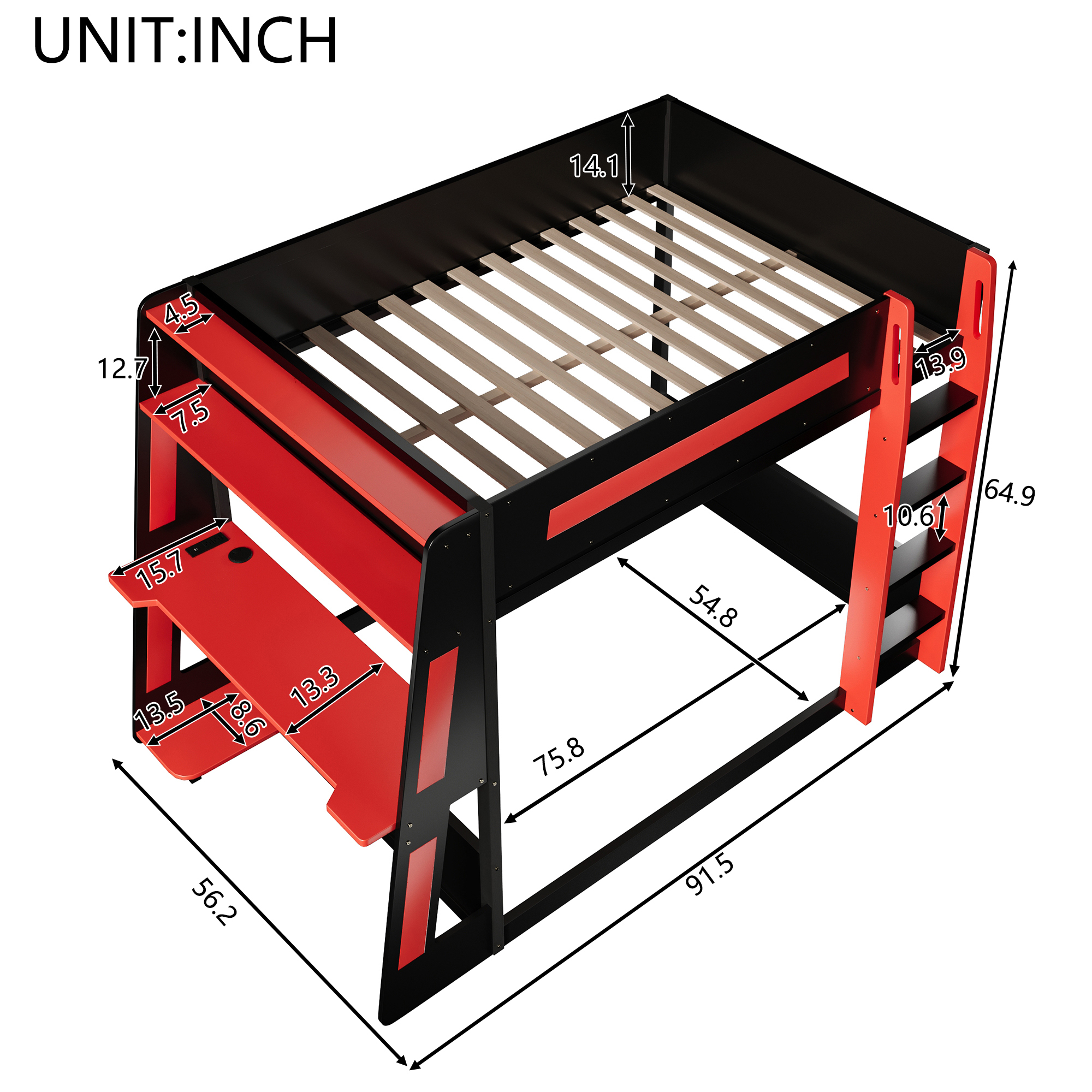 Euroco Wood Full over Full Size Bunk Bed with Shelves, Gaming Bed with Desk, USB Charging and LED Light, Black&Red