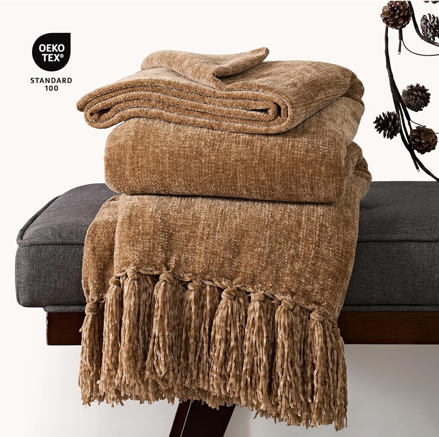 EVERGRACE Soft Chenille Throw Blanket for Couch, Cozy Plush Fuzzy Decorative Chenille Knit Throw Blanket with Tassels, Lightweight Blanket and Throws for Bed Sofa Gift Home Decor, Khaki 50"x60"